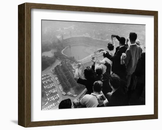 University of Pittsburgh Students Cheering Wildly from Atop Cathedral of Learning, School's Campus-George Silk-Framed Photographic Print