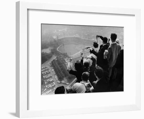 University of Pittsburgh Students Cheering Wildly from Atop Cathedral of Learning, School's Campus-George Silk-Framed Photographic Print