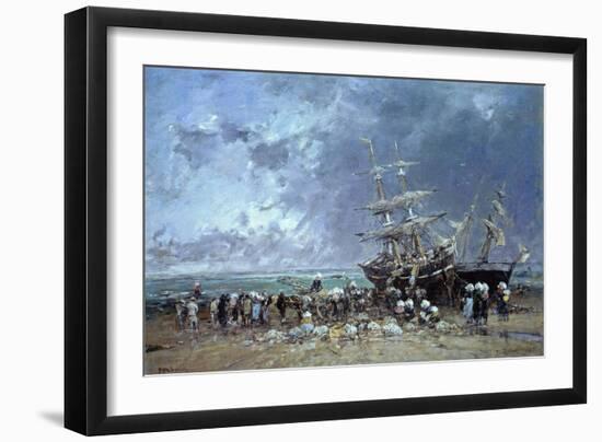 Unloading the Newfoundland Fishing Boat, 1873-Eugène Boudin-Framed Giclee Print