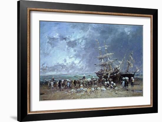 Unloading the Newfoundland Fishing Boat, 1873-Eugène Boudin-Framed Giclee Print