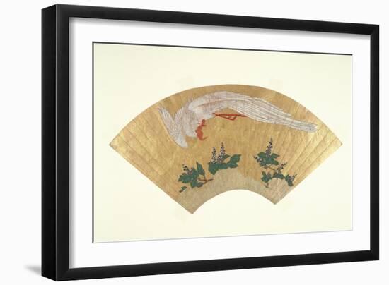 Unmounted Fan: Bird Diving onto Snow-Covered Bamboo, C.1700-60-Japanese School-Framed Giclee Print