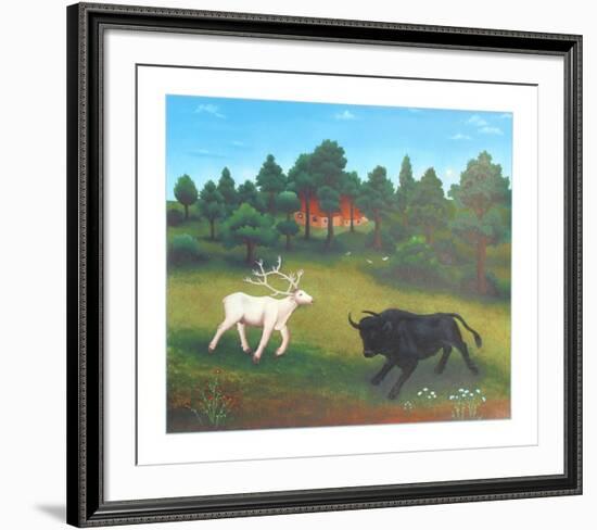 Untitled (White Deer and Bull)-Ivan Generalic-Framed Limited Edition