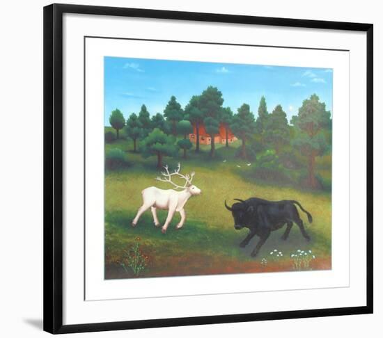 Untitled (White Deer and Bull)-Ivan Generalic-Framed Limited Edition