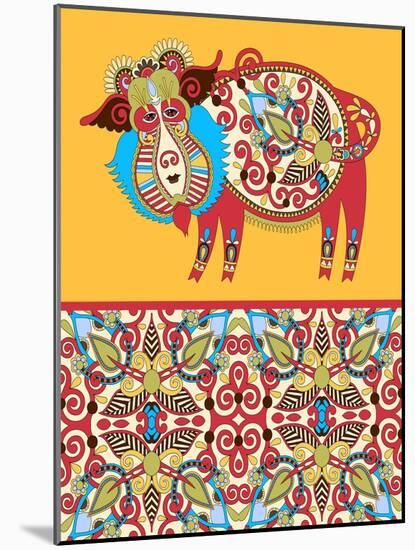 Unusual Ukrainian Traditional Tribal Art in Karakoko Style, Folk Ethnic Animal - Wild Boar with Sea-karakotsya-Mounted Art Print