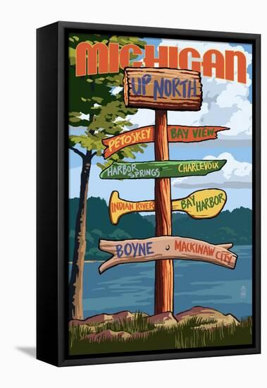 Up North, Michigan - Sign Destinations-Lantern Press-Framed Stretched Canvas