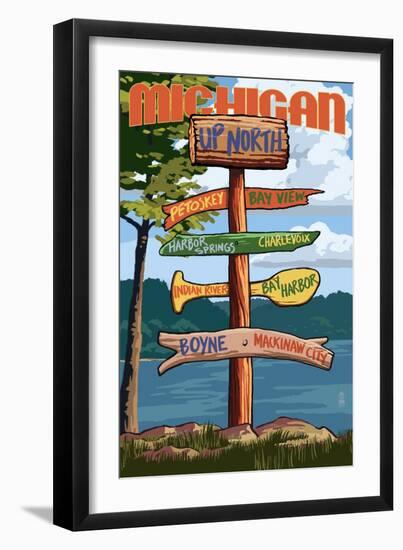 Up North, Michigan - Sign Destinations-Lantern Press-Framed Art Print