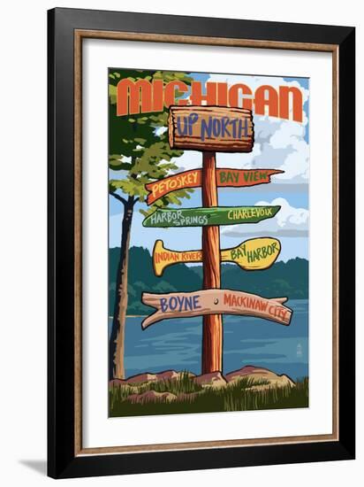 Up North, Michigan - Sign Destinations-Lantern Press-Framed Art Print