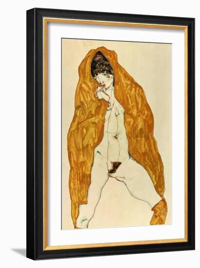 Upright Nude with Spread Legs and Yellow-Brown Shawl, 1914-Egon Schiele-Framed Giclee Print