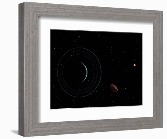 Uranus and Most of its Nine Major Rings Along with the Distant Sun and an Inner Satellite-null-Framed Photographic Print