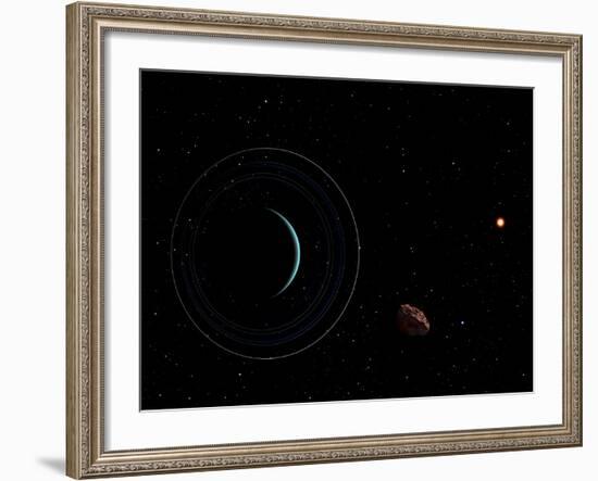 Uranus and Most of its Nine Major Rings Along with the Distant Sun and an Inner Satellite-null-Framed Photographic Print