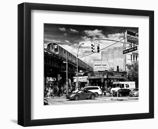 Urban Scene, Coney Island Av and Subway Station, Brooklyn, Ny, US, USA, Black and White Photography-Philippe Hugonnard-Framed Photographic Print