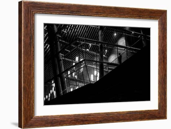 Urban Scene with Modern Building and Silhouetted Figure on Balcony-Sharon Wish-Framed Photographic Print