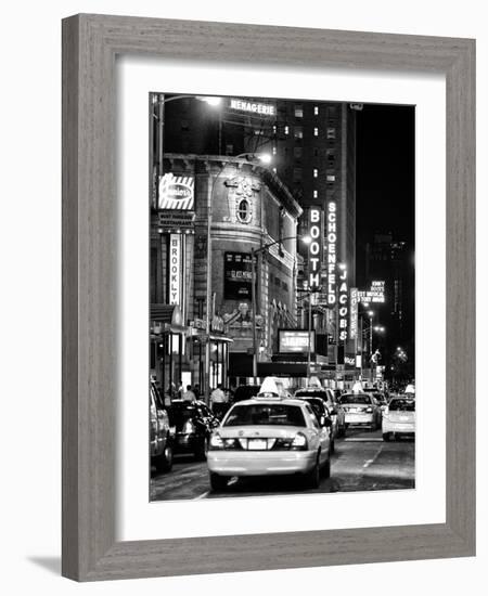 Urban Scene with Yellow Cab by Night at Times Square, Manhattan, NYC, Black and White Photography-Philippe Hugonnard-Framed Photographic Print