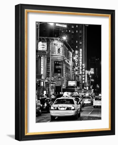 Urban Scene with Yellow Cab by Night at Times Square, Manhattan, NYC, Black and White Photography-Philippe Hugonnard-Framed Photographic Print