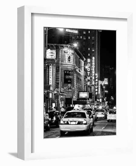 Urban Scene with Yellow Cab by Night at Times Square, Manhattan, NYC, Black and White Photography-Philippe Hugonnard-Framed Premium Photographic Print