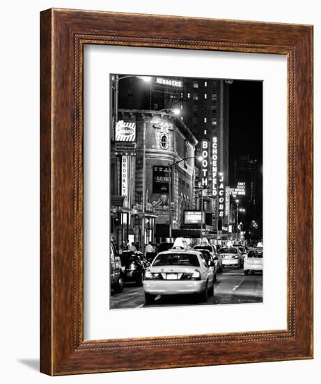 Urban Scene with Yellow Cab by Night at Times Square, Manhattan, NYC, Black and White Photography-Philippe Hugonnard-Framed Photographic Print