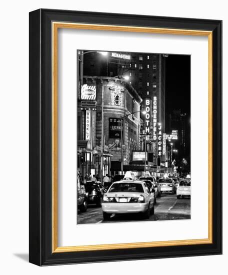 Urban Scene with Yellow Cab by Night at Times Square, Manhattan, NYC, Black and White Photography-Philippe Hugonnard-Framed Photographic Print