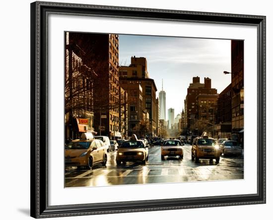 Urban Street Scene with NYC Yellow Taxis and One World Trade Center of Manhattan, Sunset in Winter-Philippe Hugonnard-Framed Photographic Print