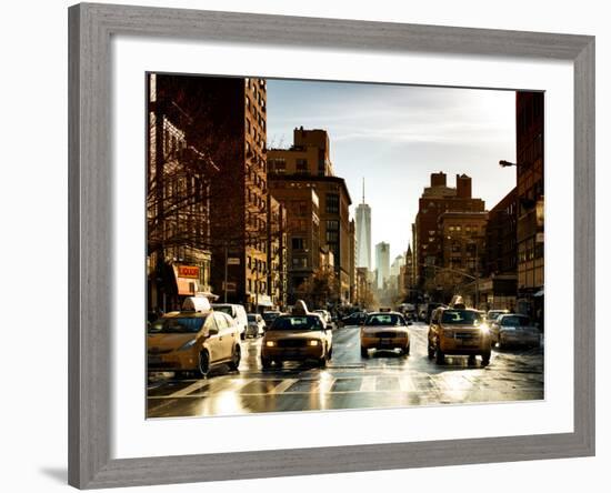 Urban Street Scene with NYC Yellow Taxis and One World Trade Center of Manhattan, Sunset in Winter-Philippe Hugonnard-Framed Photographic Print