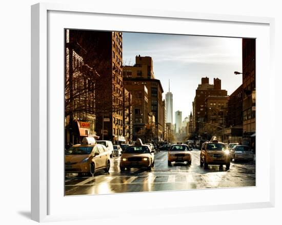 Urban Street Scene with NYC Yellow Taxis and One World Trade Center of Manhattan, Sunset in Winter-Philippe Hugonnard-Framed Photographic Print