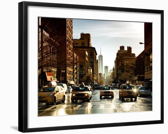Urban Street Scene with NYC Yellow Taxis and One World Trade Center of Manhattan, Sunset in Winter-Philippe Hugonnard-Framed Photographic Print