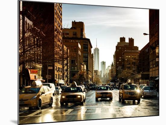 Urban Street Scene with NYC Yellow Taxis and One World Trade Center of Manhattan, Sunset in Winter-Philippe Hugonnard-Mounted Photographic Print