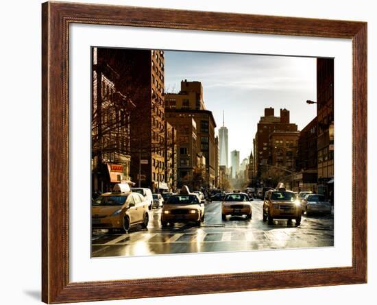 Urban Street Scene with NYC Yellow Taxis and One World Trade Center of Manhattan, Sunset in Winter-Philippe Hugonnard-Framed Photographic Print