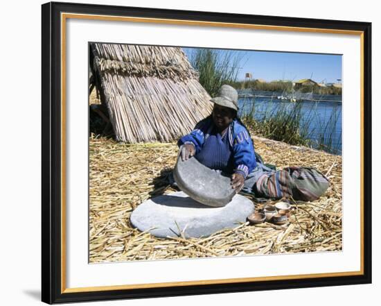 Uros (Urus) Woman Grinding Corn, Islas Flotantas, Reed Islands, Lake Titicaca, Peru, South America-Tony Waltham-Framed Photographic Print