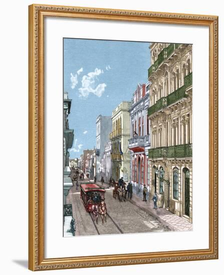 Uruguay, Montevideo, a City Street, Published in La Ilustración, 1887-A. Bertrand-Framed Giclee Print