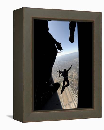 US Air Force Academy Parachute Team Jumps Out of an Aircraft over Nellis Air Force Base, Nevada-null-Framed Premier Image Canvas