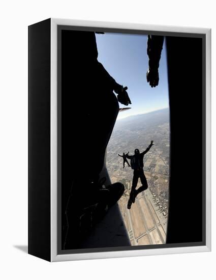 US Air Force Academy Parachute Team Jumps Out of an Aircraft over Nellis Air Force Base, Nevada-null-Framed Premier Image Canvas