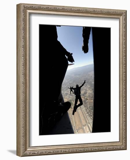 US Air Force Academy Parachute Team Jumps Out of an Aircraft over Nellis Air Force Base, Nevada-null-Framed Photographic Print