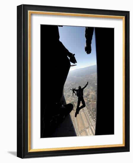 US Air Force Academy Parachute Team Jumps Out of an Aircraft over Nellis Air Force Base, Nevada-null-Framed Photographic Print