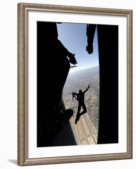 US Air Force Academy Parachute Team Jumps Out of an Aircraft over Nellis Air Force Base, Nevada-null-Framed Photographic Print