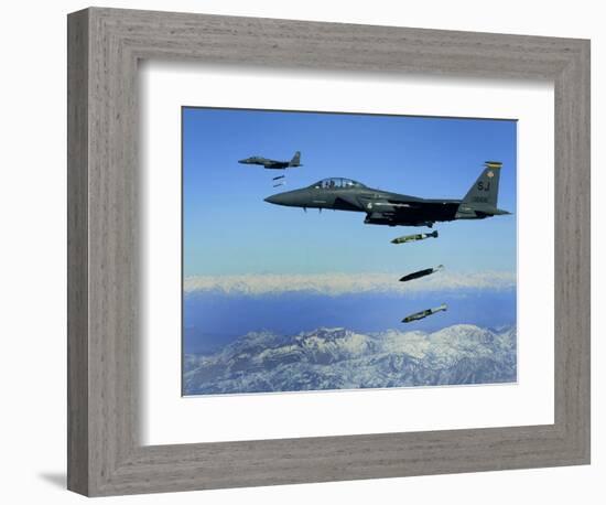 US Air Force F-15E Strike Eagle Aircraft Drops 2,000-Pound Joint Direct Attack Munitions-null-Framed Photographic Print