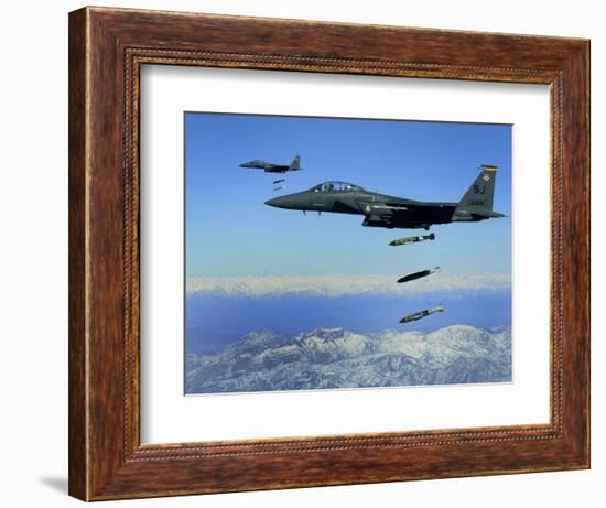 US Air Force F-15E Strike Eagle Aircraft Drops 2,000-Pound Joint Direct Attack Munitions-null-Framed Photographic Print