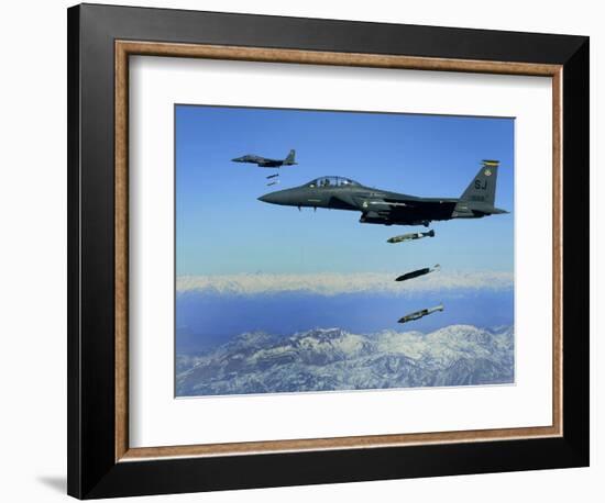 US Air Force F-15E Strike Eagle Aircraft Drops 2,000-Pound Joint Direct Attack Munitions-null-Framed Photographic Print