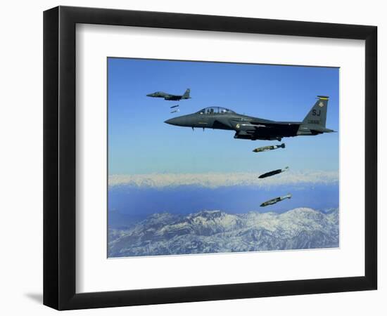 US Air Force F-15E Strike Eagle Aircraft Drops 2,000-Pound Joint Direct Attack Munitions-null-Framed Photographic Print