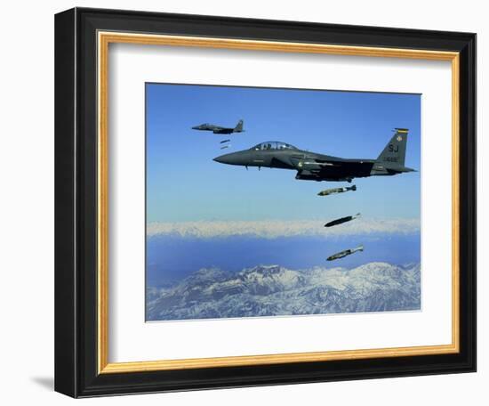 US Air Force F-15E Strike Eagle Aircraft Drops 2,000-Pound Joint Direct Attack Munitions-null-Framed Photographic Print