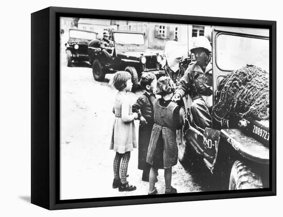 Us Army Soldier Greeting Children with Sweets, Germany, 1945-null-Framed Premier Image Canvas