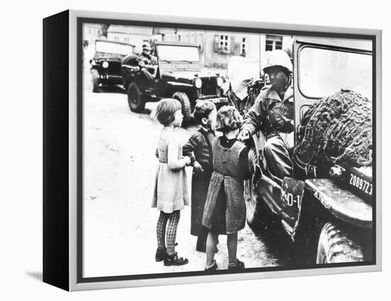 Us Army Soldier Greeting Children with Sweets, Germany, 1945-null-Framed Premier Image Canvas