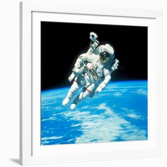 US Astronaut Bruce Mccandless Conducting Space Walk During Challenger IV Space Shuttle Mission-null-Framed Premium Photographic Print