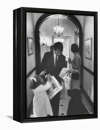 US Attorney General Bobby Kennedy Browsing Copy of the NY Times with daughter and Wife-George Silk-Framed Premier Image Canvas