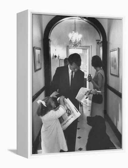 US Attorney General Bobby Kennedy Browsing Copy of the NY Times with daughter and Wife-George Silk-Framed Premier Image Canvas