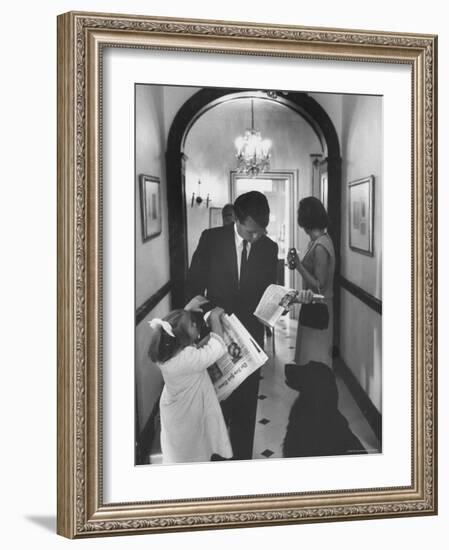 US Attorney General Bobby Kennedy Browsing Copy of the NY Times with daughter and Wife-George Silk-Framed Photographic Print