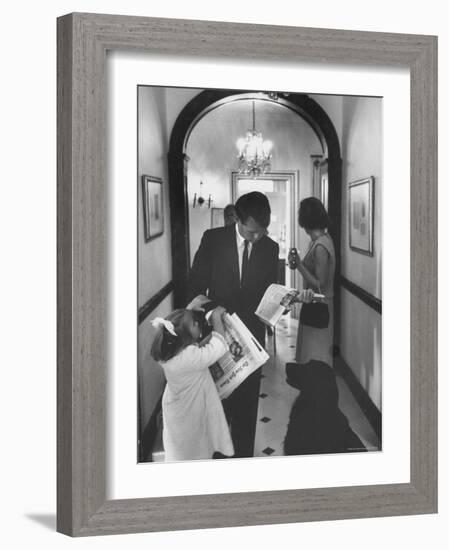 US Attorney General Bobby Kennedy Browsing Copy of the NY Times with daughter and Wife-George Silk-Framed Photographic Print