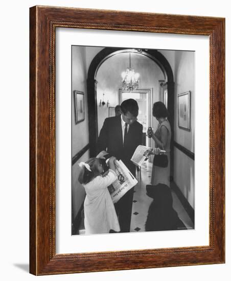 US Attorney General Bobby Kennedy Browsing Copy of the NY Times with daughter and Wife-George Silk-Framed Photographic Print