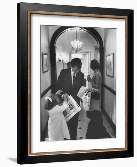 US Attorney General Bobby Kennedy Browsing Copy of the NY Times with daughter and Wife-George Silk-Framed Photographic Print