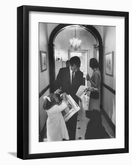 US Attorney General Bobby Kennedy Browsing Copy of the NY Times with daughter and Wife-George Silk-Framed Photographic Print