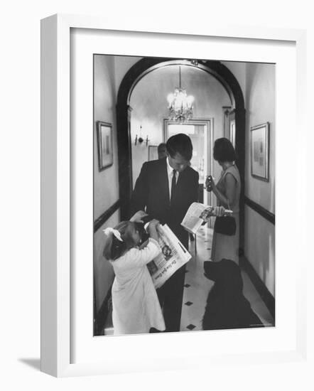 US Attorney General Bobby Kennedy Browsing Copy of the NY Times with daughter and Wife-George Silk-Framed Photographic Print